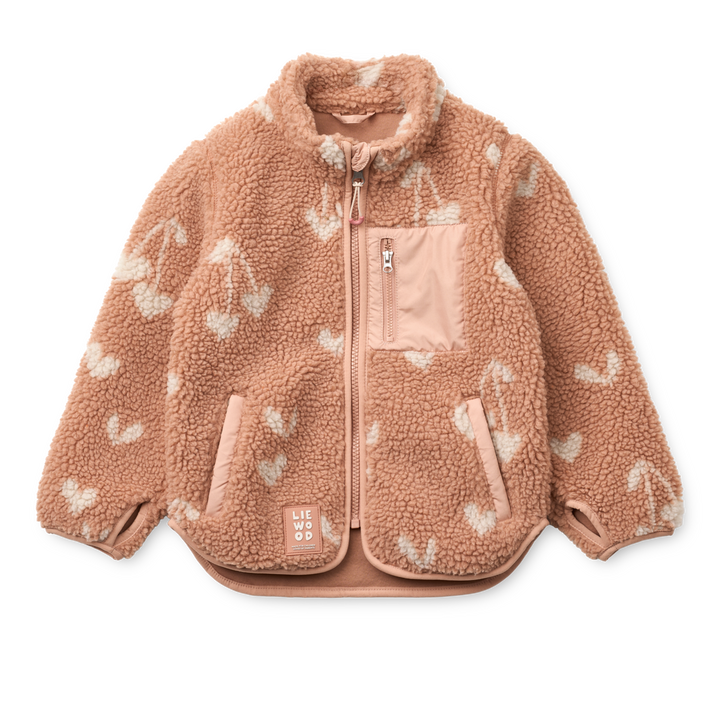 roséfarbene Fleecejacke für Mädchen mit weißem Herz- und Kirschmuster, durchgehendem Reißverschluss, Stehkragen, Eingriffstaschen und Daumenlöchern