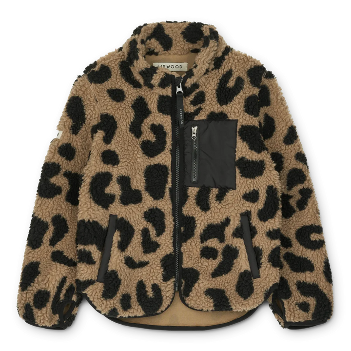 Beigefarbene Teddyjacke für Mädchen aus recyceltem Polyester mit Leoparden Muster und Reißverschluss