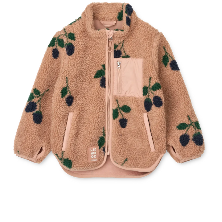 rosafarbene Teddyjacke für Mädchen aus recyceltem Polyester mit Beeren-Muster und Reißverschluss