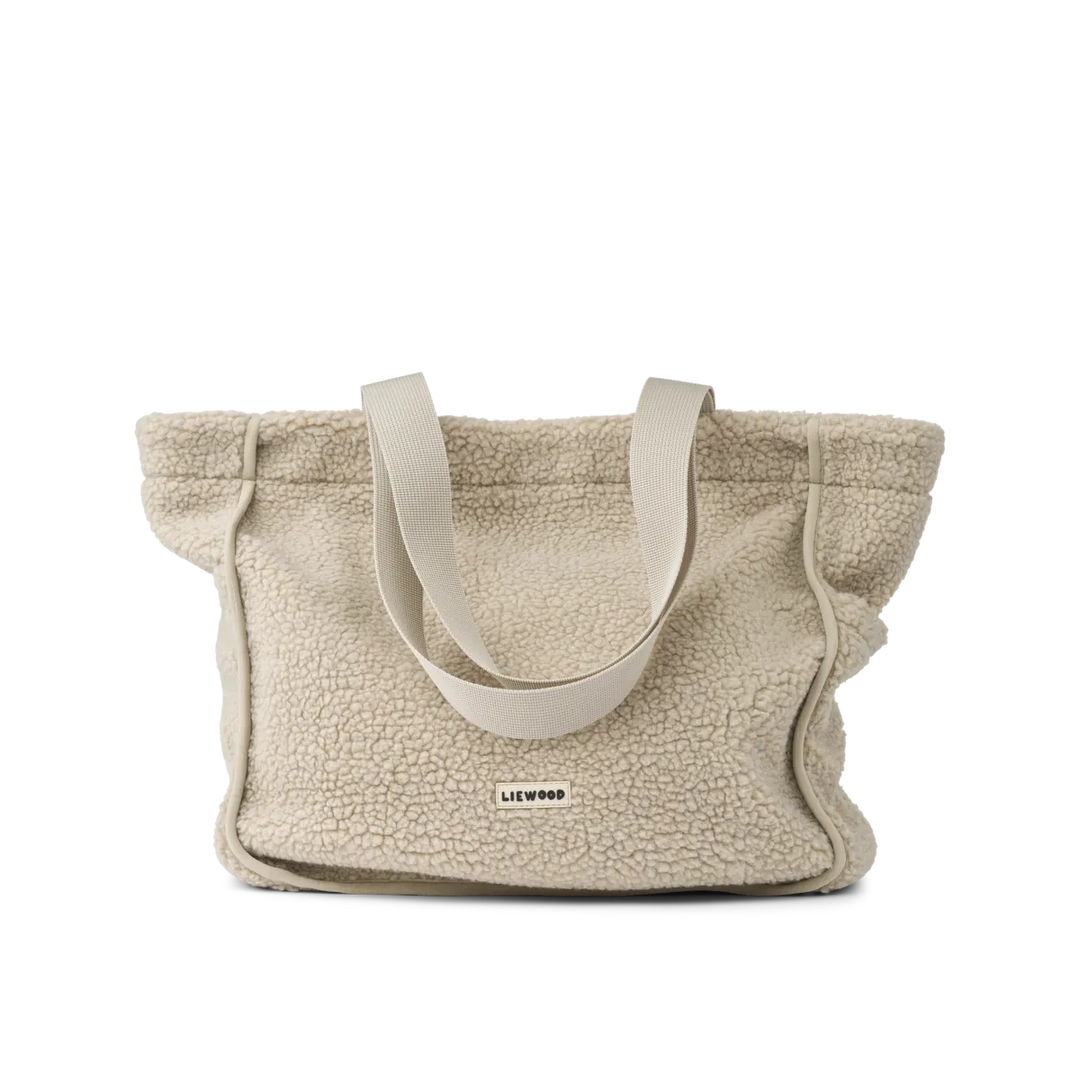 cremefarbene Shopper Tasche für Frauen aus Teddyfell aus recyceltem Polyester mit Druckknopfverschluss und Innentaschen sowie einer Seitentasche