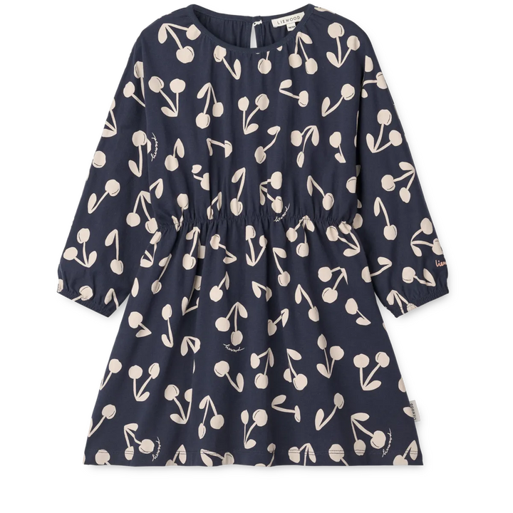 Kleid für Mädchen aus Bio-Baumwolle mit langen Ärmeln in dunkelblau mit cremefarbenem Kirsch-Print