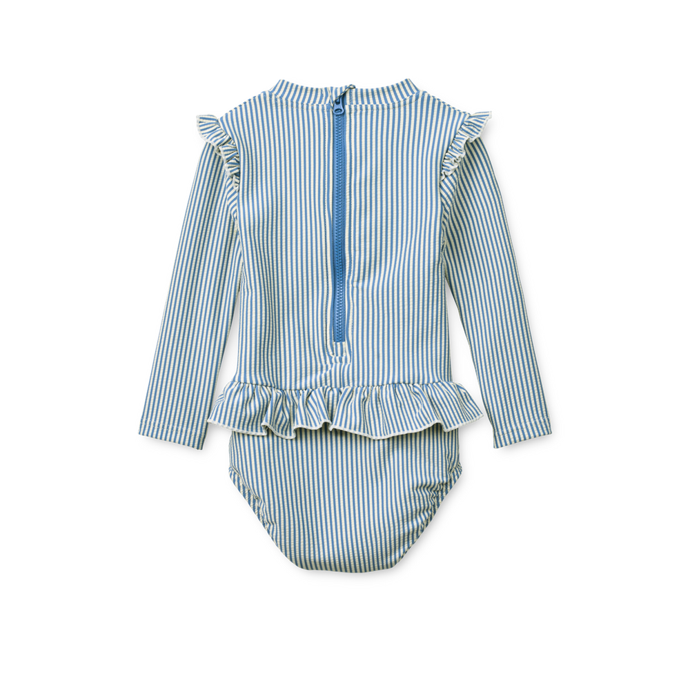 Liewood Sille Baby Seersucker Swimsuit riverside creme de la creme Produktbild, Ansicht der Rückseite mit Blick auf Reißverschluss in blau