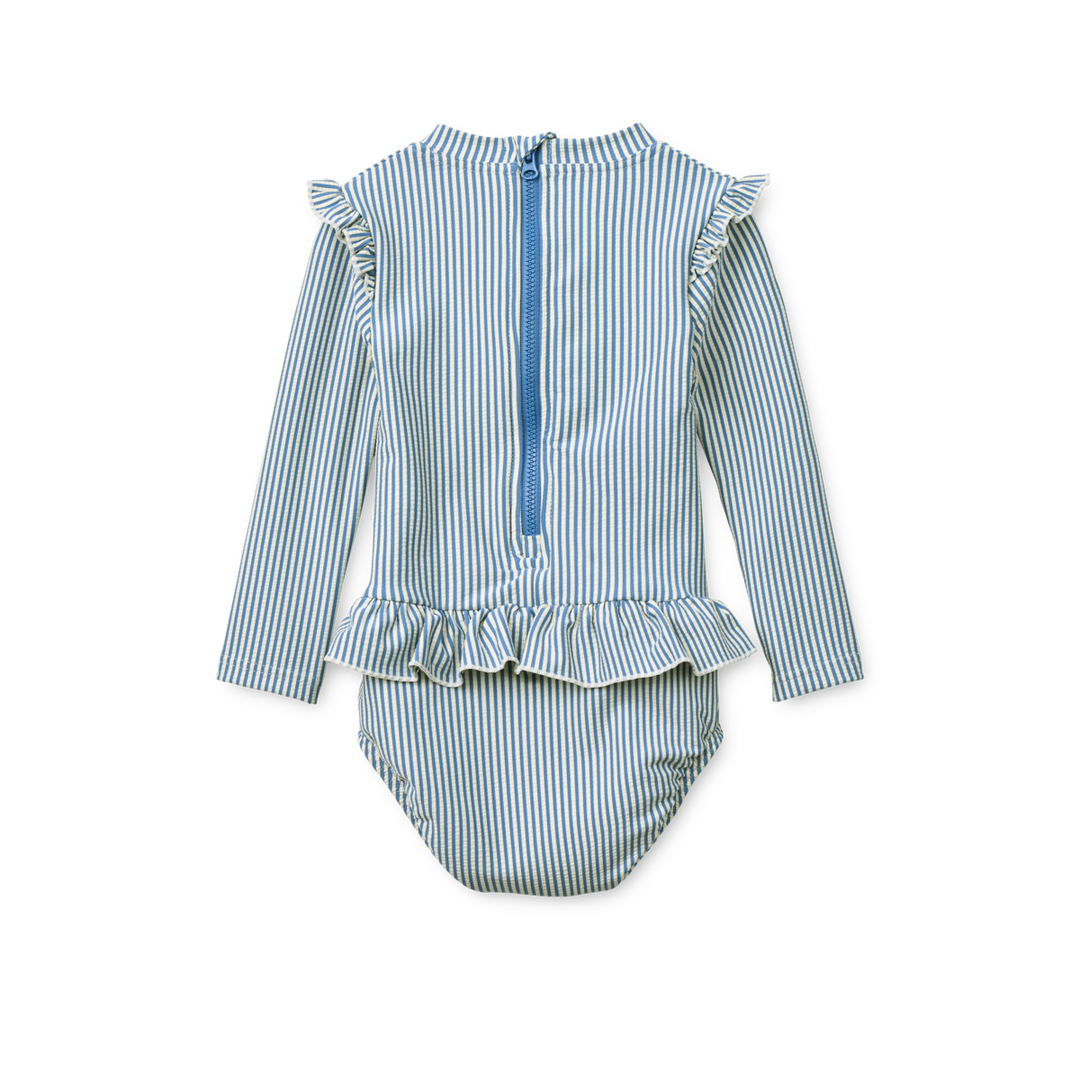 Liewood Sille Baby Seersucker Swimsuit riverside creme de la creme Produktbild, Ansicht der Rückseite mit Blick auf Reißverschluss in blau