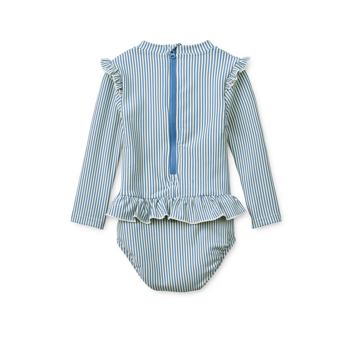 Liewood Sille Baby Seersucker Swimsuit riverside creme de la creme Produktbild, Ansicht der Rückseite mit Blick auf Reißverschluss in blau