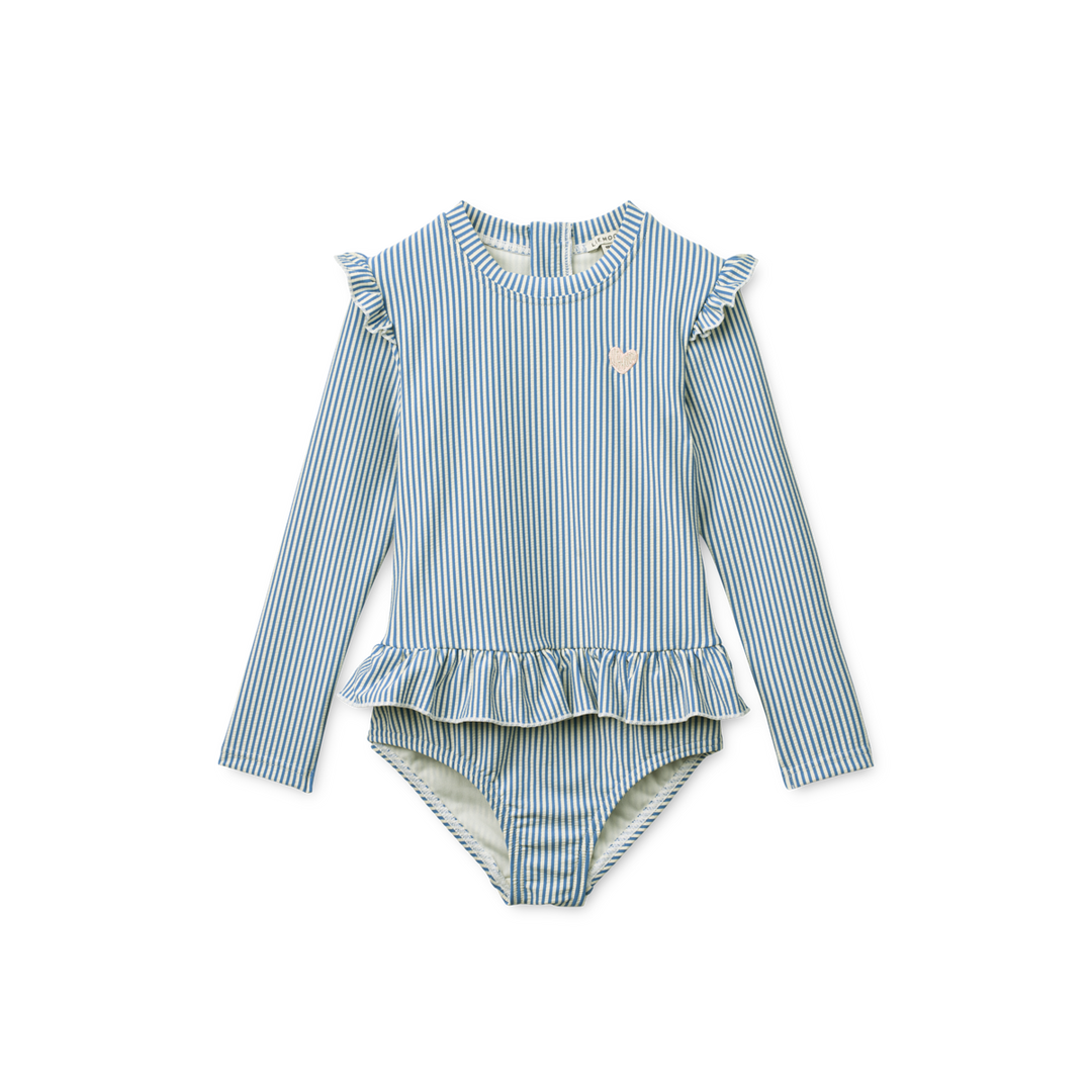 vertikal blau weiß gestreifter Badeanzug für Mädchen aus Polyestermischung mit langen Ärmeln, Rüschen an den Schultern und einem gerüschten Röckchen und Reißverschluss auf dem Rücken
