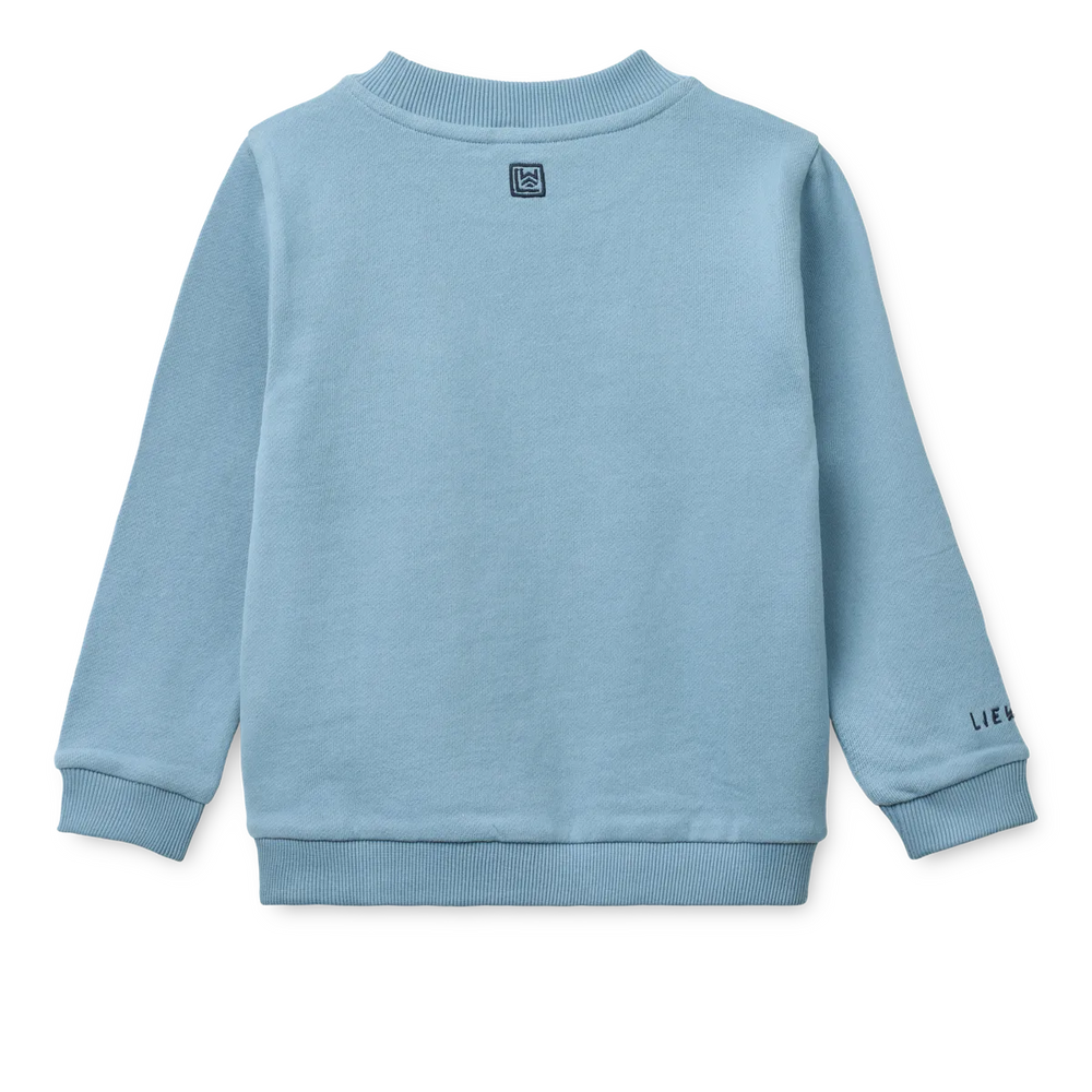 Liewood Thora Placement Sweatshirt tiger / beach blue Ansicht von hinten mit Blick auf das aufgestickte Label von Liewood im Nacken 