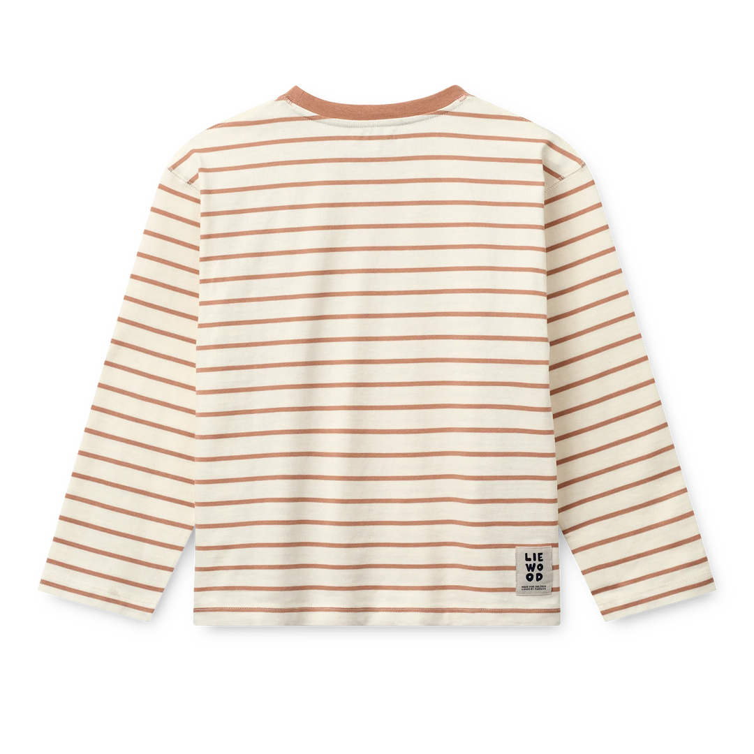 Liewood Tyler Stripe LS t-shirt heart tuscany rose / creme de la creme Ansicht von hinten mit Blick auf das aufgenähte Label von Liewood am unteren rechten Saum