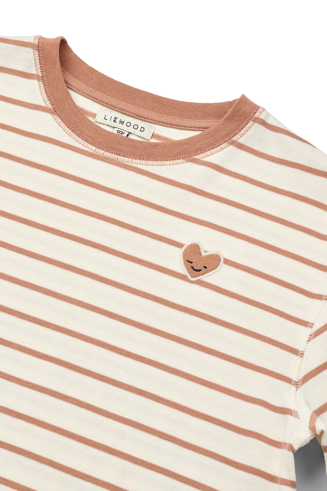 Liewood Tyler Stripe LS t-shirt heart tuscany rose / creme de la creme Detailaufnahme aufgenähtes Herz mit lachendem Gesicht