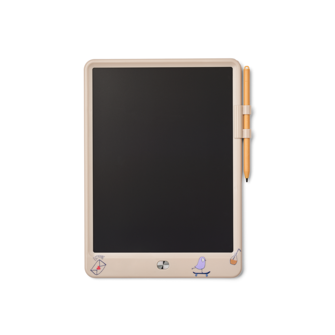 Schreib- und Maltafel mit 10-Zoll-LCD-Bildschirm, Inklusive Zeichenstift, Bildschirm per Knopfdruck löschbar, Schiebeschalter auf der Rückseite zum Sperren der Löschfunktion