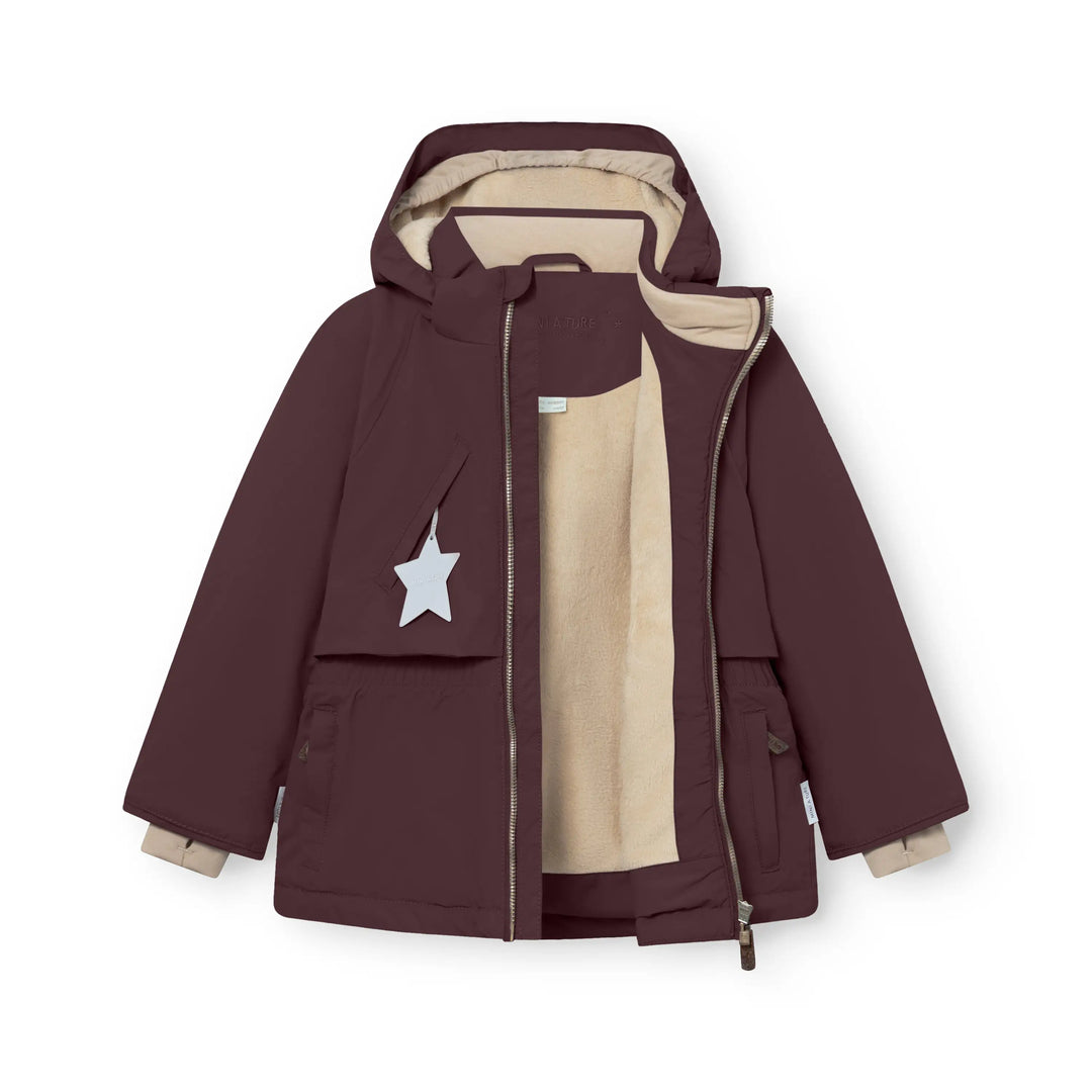 Mini A Ture Matalgeana fleece lined winter jacket GRS fudge aubergine Produktbild, Ansicht mit geöffnetem Reißverschluss, Blick auf innenliegendes Fleecefutter. 