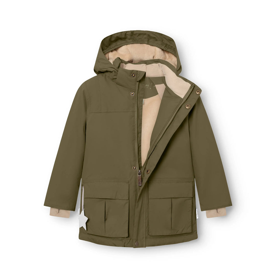 Mini A Ture Matkastorio fleece lined winter jacket GRS kalamata green Produktbild, Ansicht von vorne, halb geöffneter Reißverschluss mit Blick auf das innenliegende Fleecefutter. 