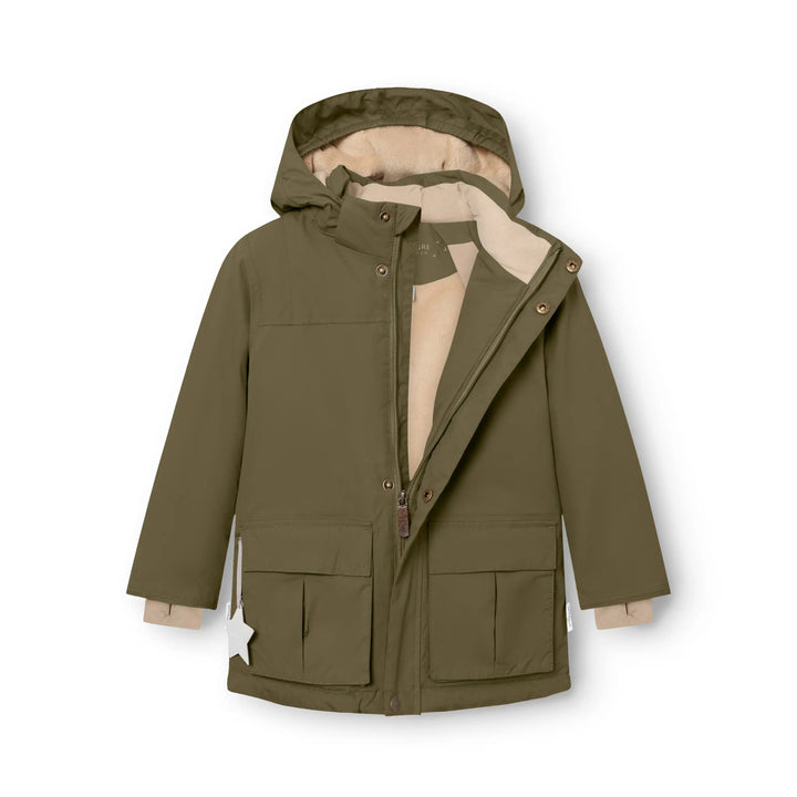 Mini A Ture Matkastorio fleece lined winter jacket GRS kalamata green Produktbild, Ansicht von vorne, halb geöffneter Reißverschluss mit Blick auf das innenliegende Fleecefutter. 