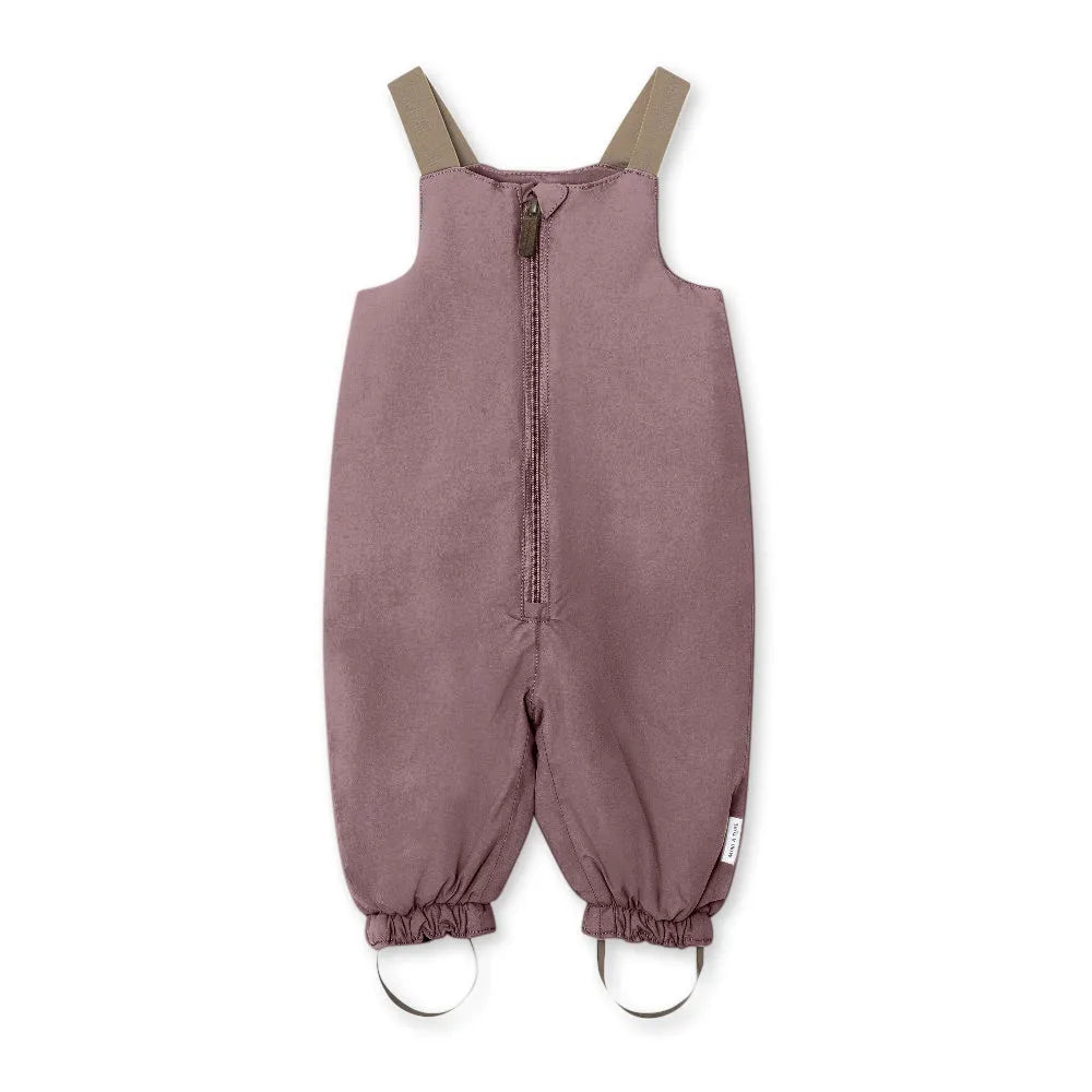 auberginefarbene Schneehose aus Nylon gefüttert, mit Reißverschluss und flexiblen Hosenträgern sowie Schlaufen an den Füßen