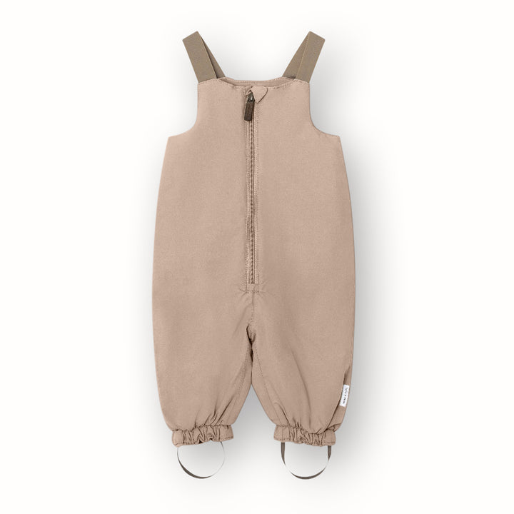 beigefarbene Schneehose für Kinder, aus Nylon, gefüttert, mit Reißverschluss und flexiblen Hosenträgern und Schlaufen an den Füßen