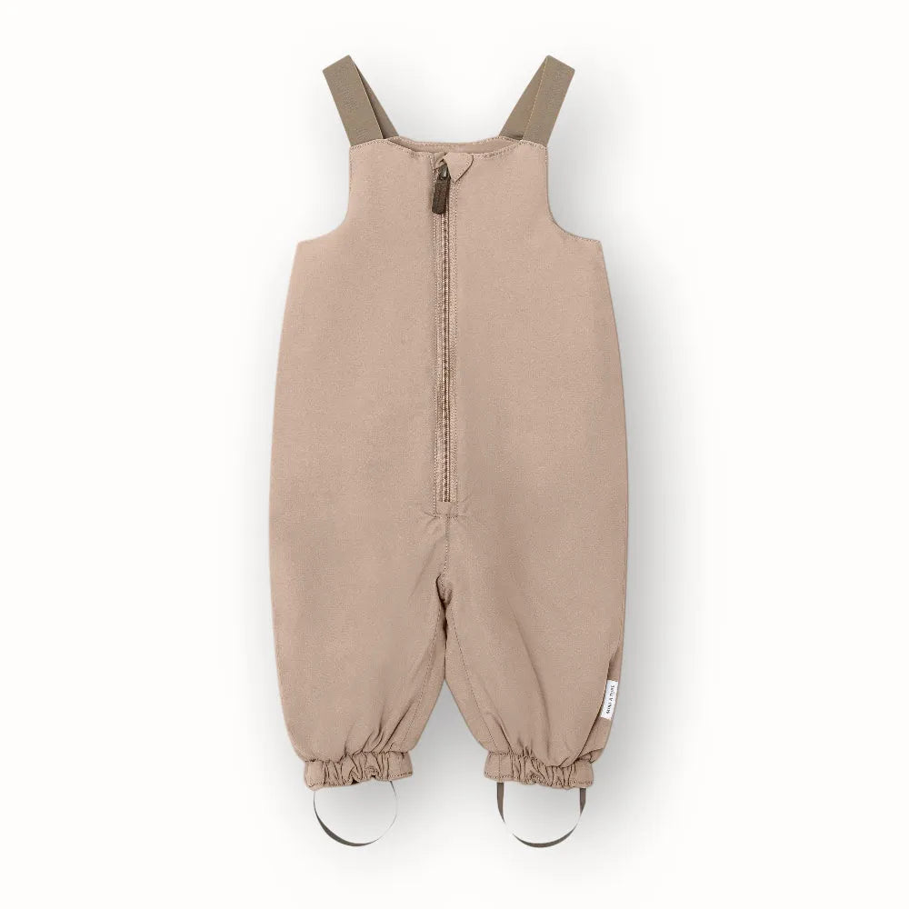 beigefarbene Schneehose für Kinder, aus Nylon, gefüttert, mit Reißverschluss und flexiblen Hosenträgern und Schlaufen an den Füßen