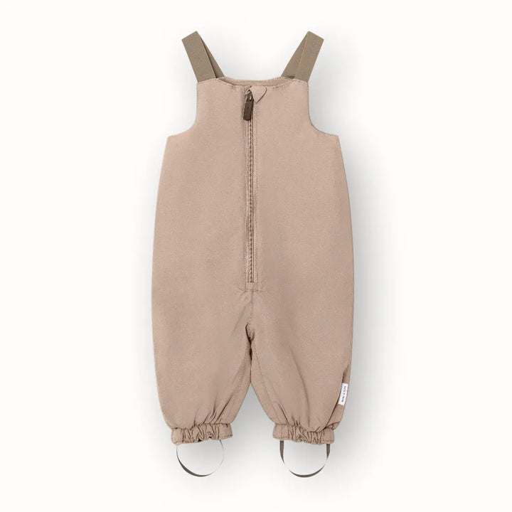 beigefarbene Schneehose für Kinder, aus Nylon, gefüttert, mit Reißverschluss und flexiblen Hosenträgern und Schlaufen an den Füßen