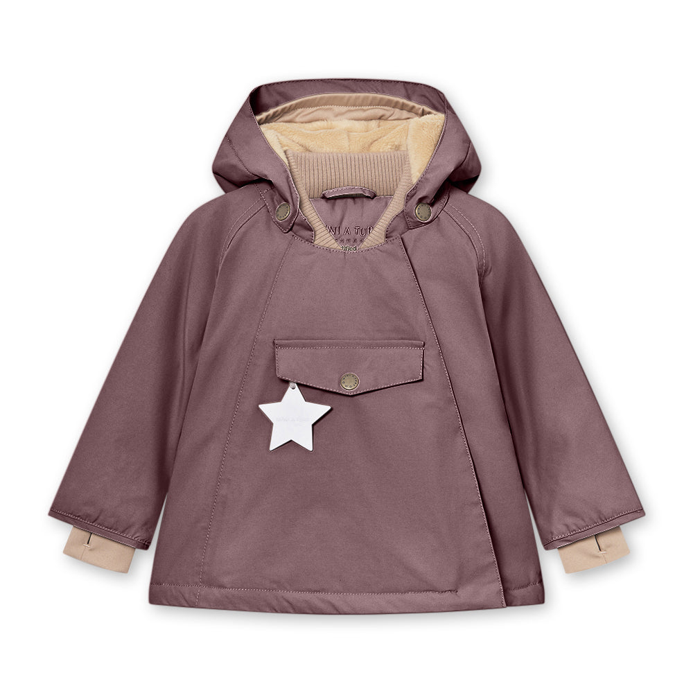 gefütterte Winterjacke für Mädchen aus recyceltem Nylon in aubergine mit Kapuze und Reißverschluss