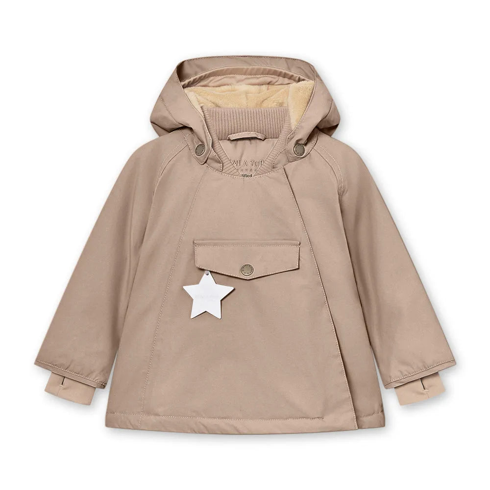 gefütterte Winterjacke für Kinder aus recyceltem Nylon in beige mit Reißverschluss und Kapuze