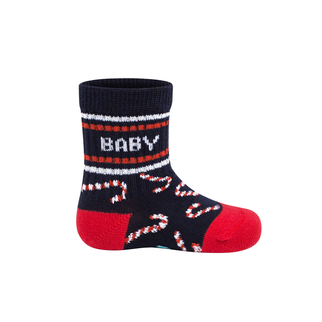 dunkelblaue Tennissocken für Babys mit weißem Schriftzug Baby Claus und Zuckerstangen Allover Design