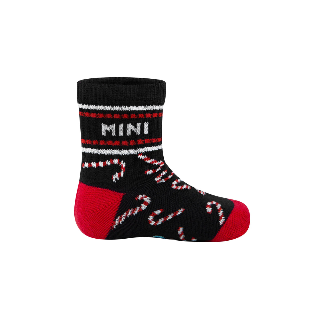 dunkelblaue Tennissocken für Kleinkinder mit weißem Schriftzug Mini Claus und Zuckerstangen Allover Design