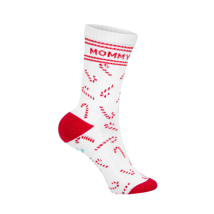weiße Tennissocken für Damen aus Baumwolle mit rotem Mommy Schriftzug und Zuckerstangen Allover Design