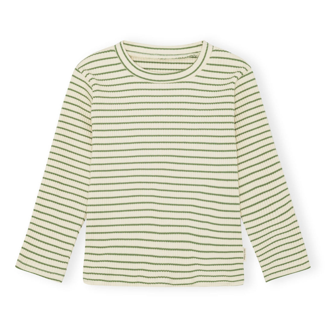 cremefarbenes gerripptes Langarmshirt mit grünen Streifen für Kinder aus Bio-Baumwolle mit Rundhalsausschnitt