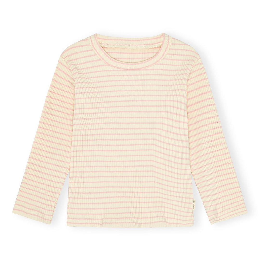 cremefarbenes geripptes Langarmshirt für Mädchen mit rosafarbenen Streifen aus Bio-Baumwolle mit Rundhalsausschnitt
