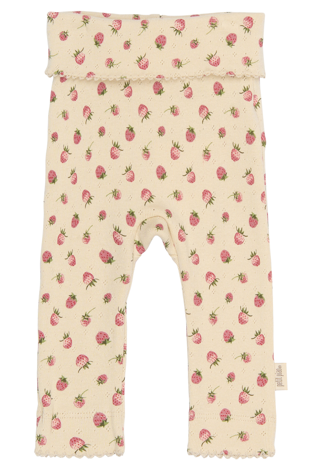 cremefarbene Leggings für Babys aus Bio-Baumwolle mit Erdbeer-Print, Pointelle-Muster, Spitzensaum, langem Bein und breitem Bund am Bauch