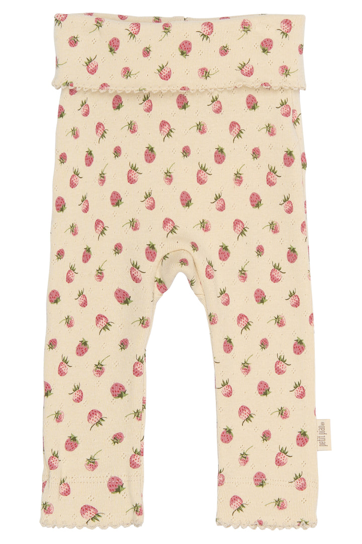 cremefarbene Leggings für Babys aus Bio-Baumwolle mit Erdbeer-Print, Pointelle-Muster, Spitzensaum, langem Bein und breitem Bund am Bauch