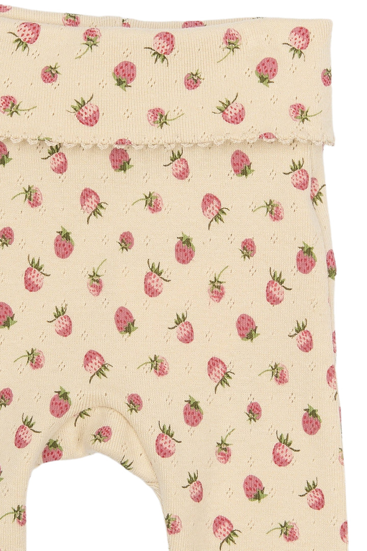 Petit Piao PPDea High Waist Leggings NB Fog Strawberry AOP Detailansicht Erdbeer-Print, Pointelle Muster und breiter Bund 