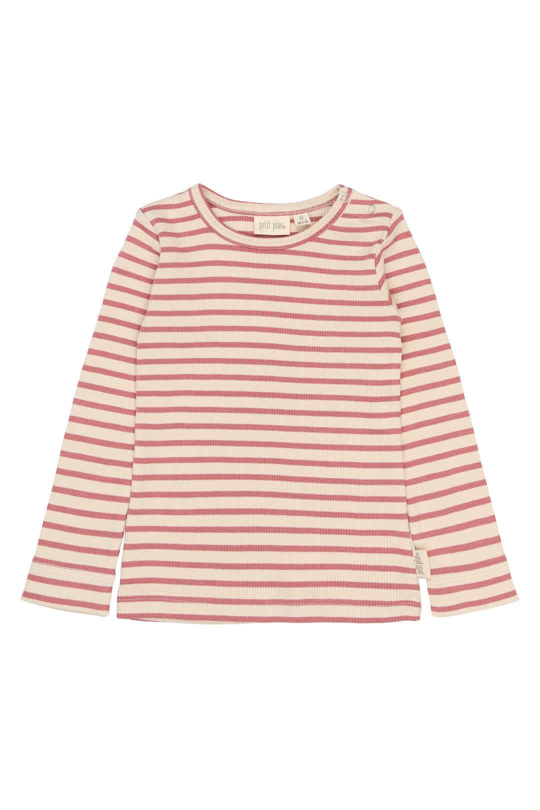 cremefarbenes Langarmshirt für Kinder aus Baumwollgemisch in gerippter Jersey-Qualität mit rosafarbenen Querstreifen und Rundhalsausschnitt