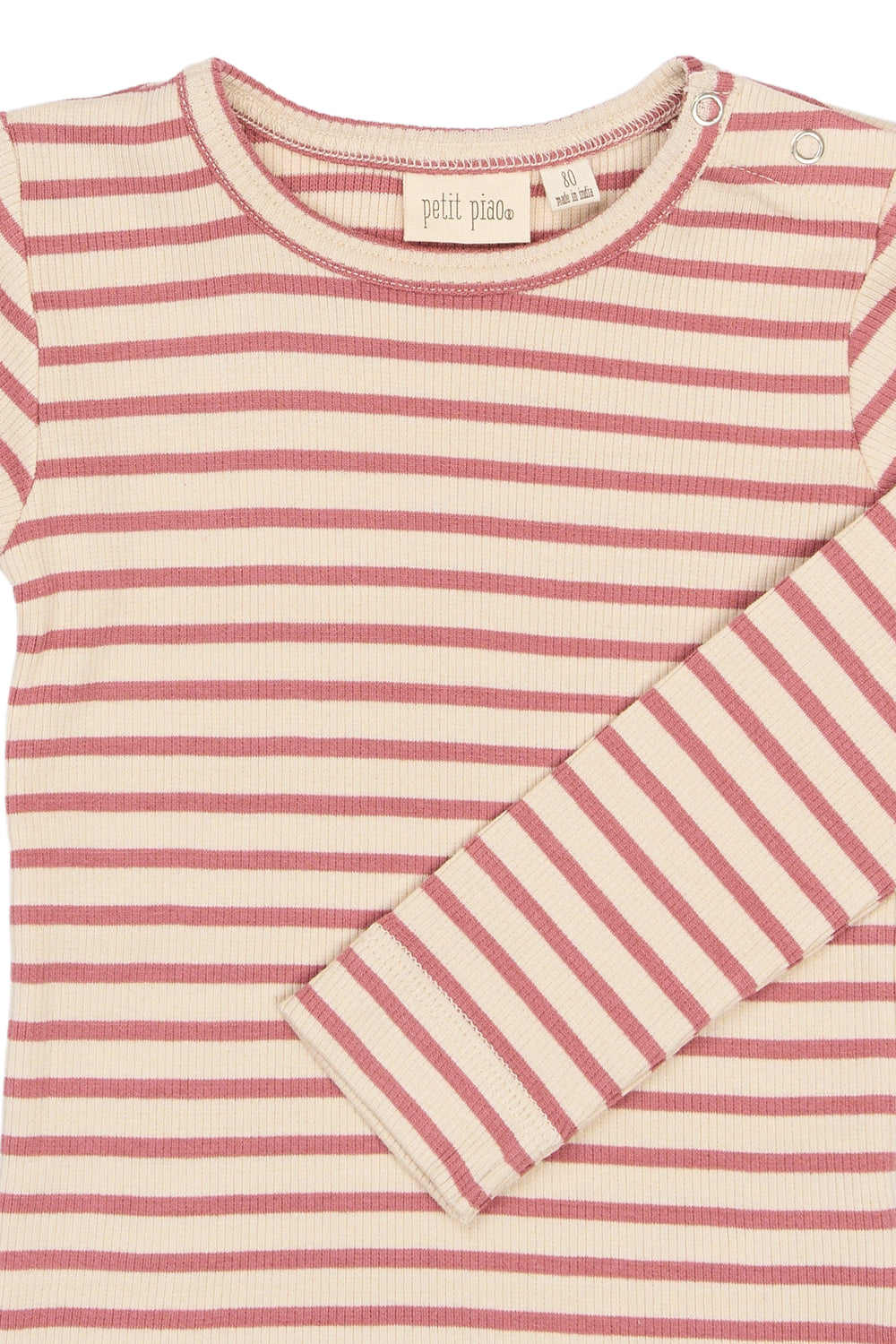 Petit Piao PPSky LS Tee Dusty Rose Striped Detailansicht Rundhalsausschnitt, Saum am Ärmel und Streifenmuster
