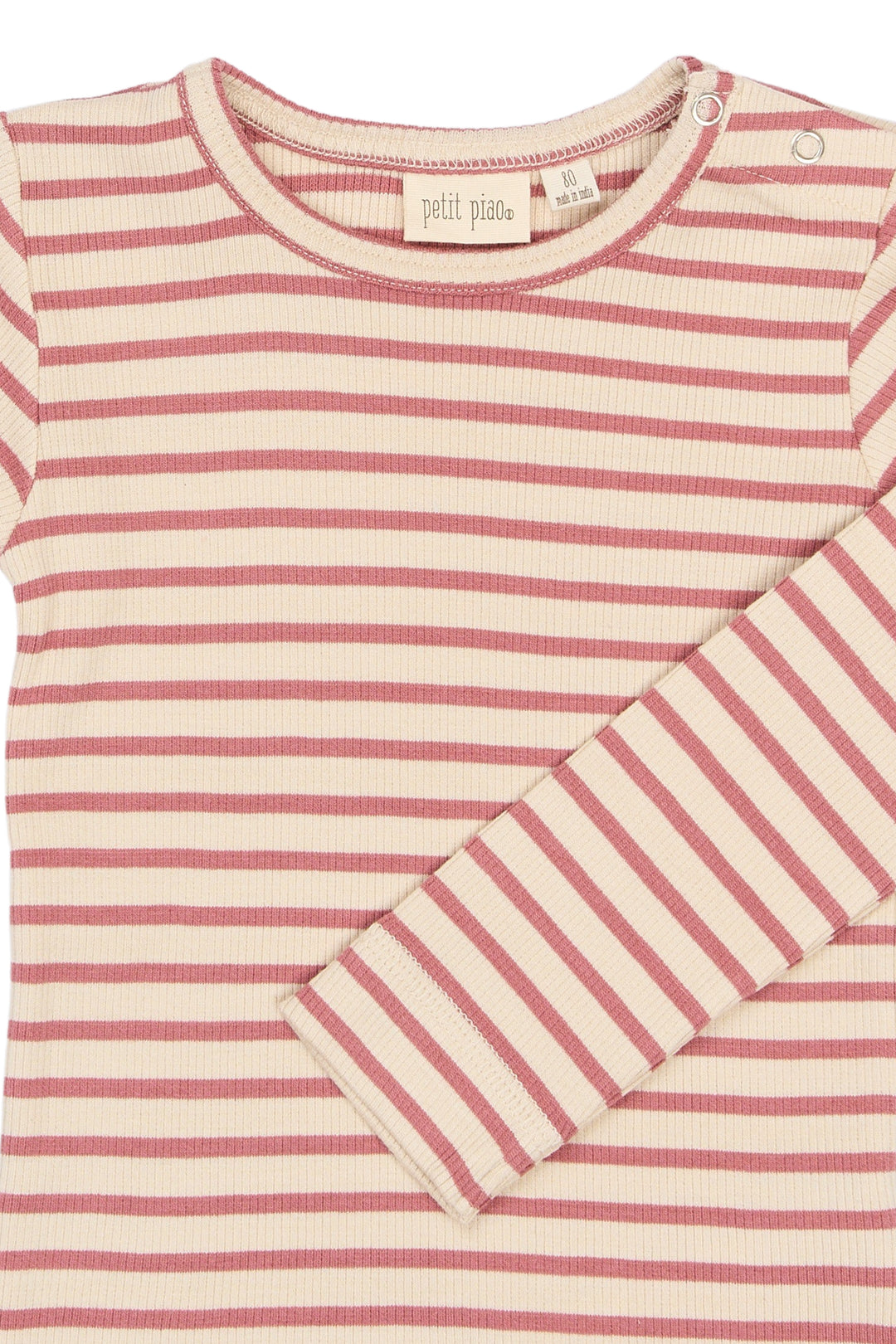 Petit Piao PPSky LS Tee Dusty Rose Striped Detailansicht Rundhalsausschnitt, Saum am Ärmel und Streifenmuster