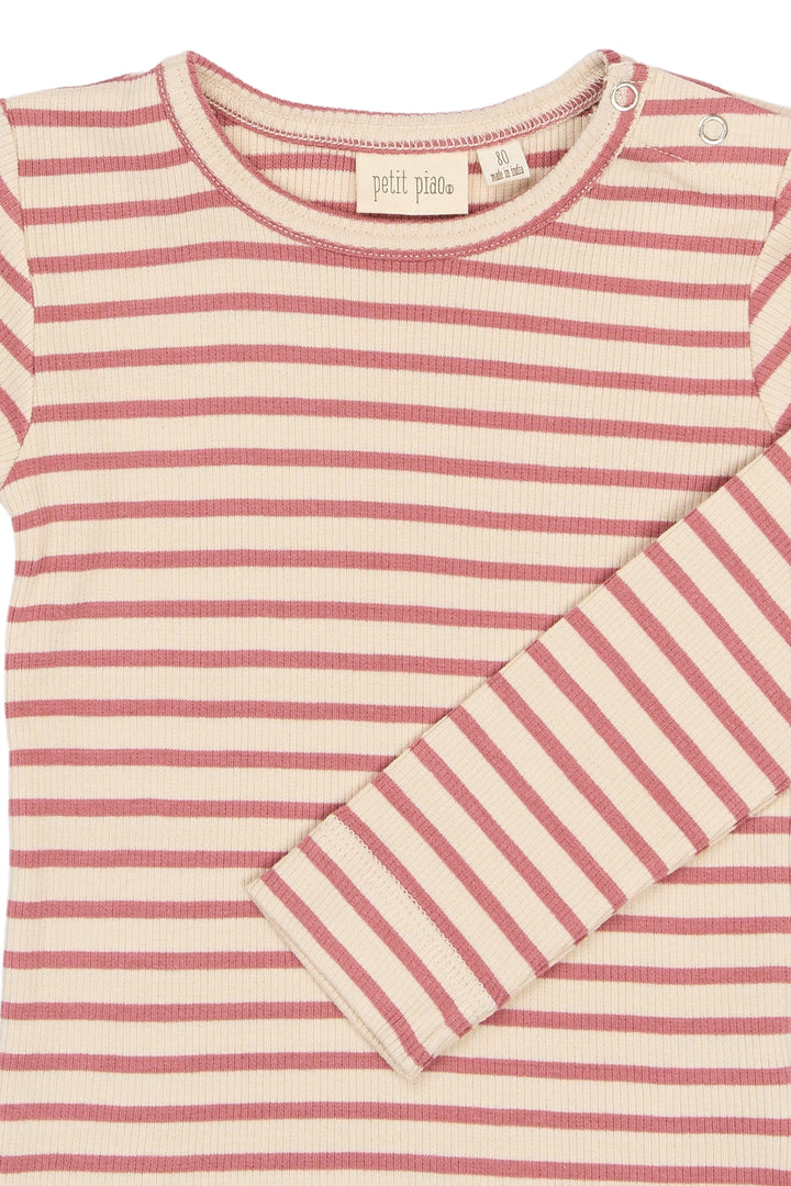 Petit Piao PPSky LS Tee Dusty Rose Striped Detailansicht Rundhalsausschnitt, Saum am Ärmel und Streifenmuster