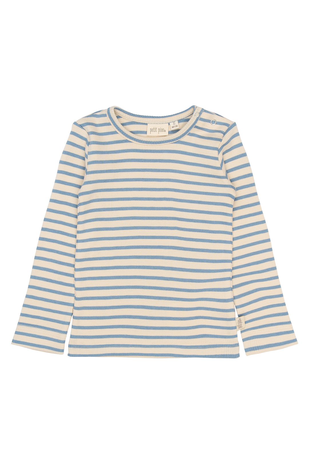 langärmeliges, cremefarbenes Langarmshirt für Kinder aus elastischem Baumwollgemisch in gerippter Jersey-Qualität mit hellblauen Querstreifen und Rundhalsausschnitt