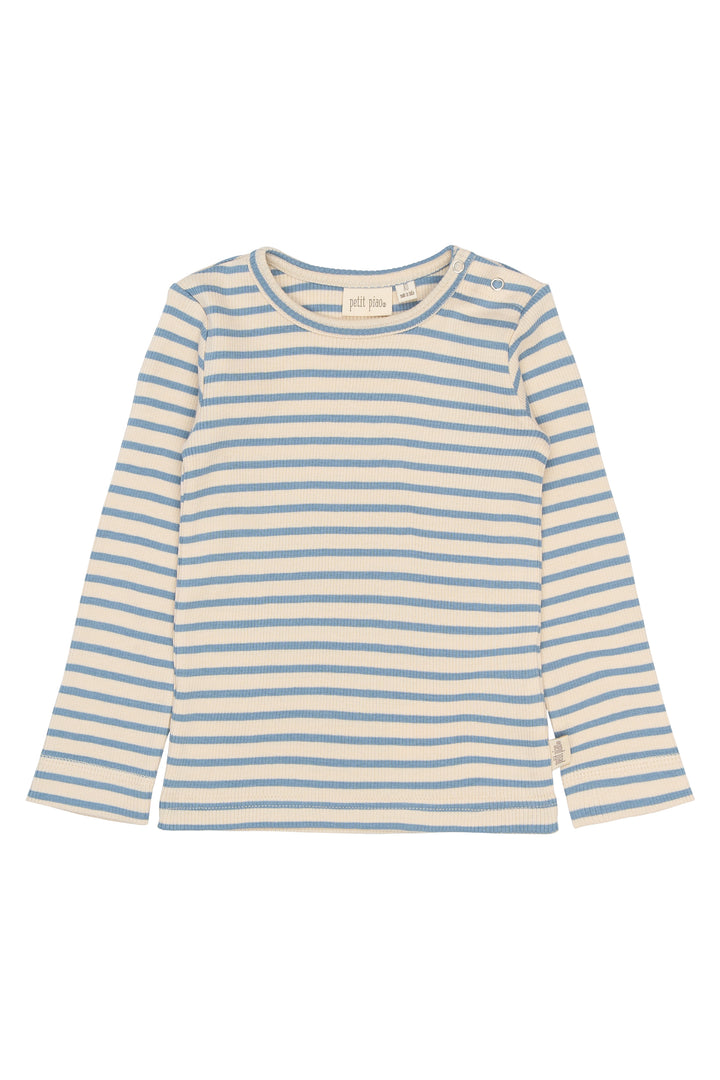 langärmeliges, cremefarbenes Langarmshirt für Kinder aus elastischem Baumwollgemisch in gerippter Jersey-Qualität mit hellblauen Querstreifen und Rundhalsausschnitt