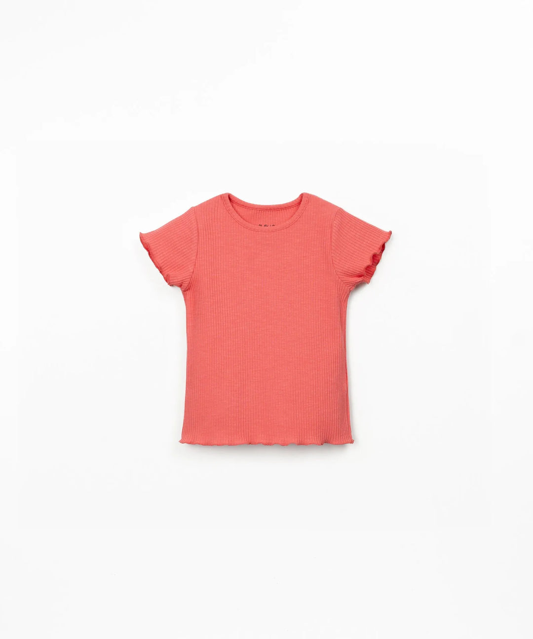 leuchtend korallenfarbenes T-Shirt für Mädchen mit kurzem Arm und Rundhalsausschnitt, gerippte Jersey Qualität, Ansicht von vorne