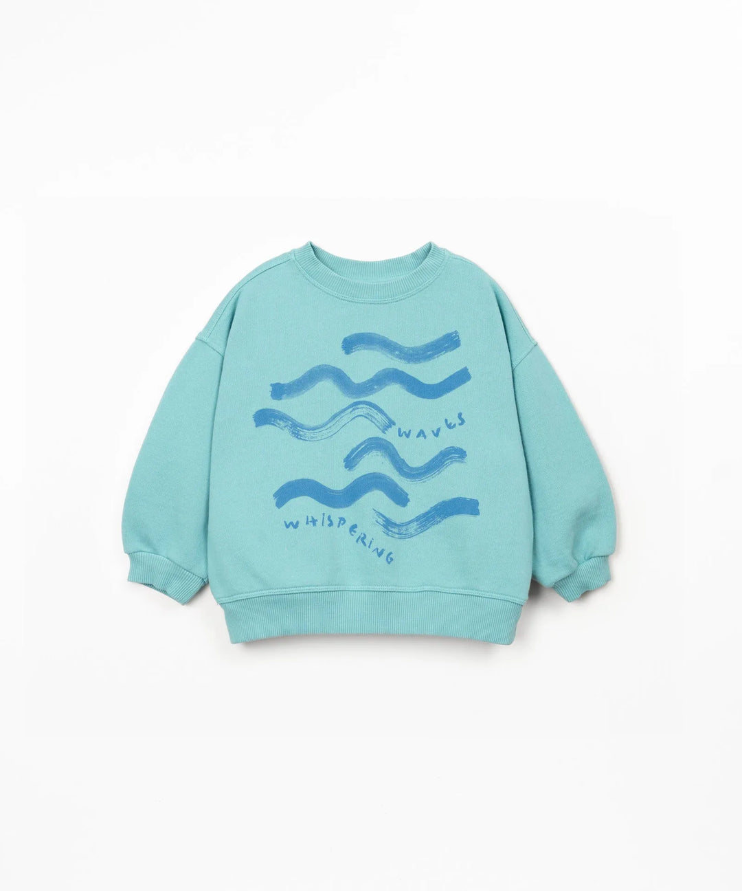 türkisfarbener Fleece Sweater für Jungen mit blauem Wellen-Print auf der Vorderseite, Rundhalsausschnitt, oversized Style, gerippte Bündchen