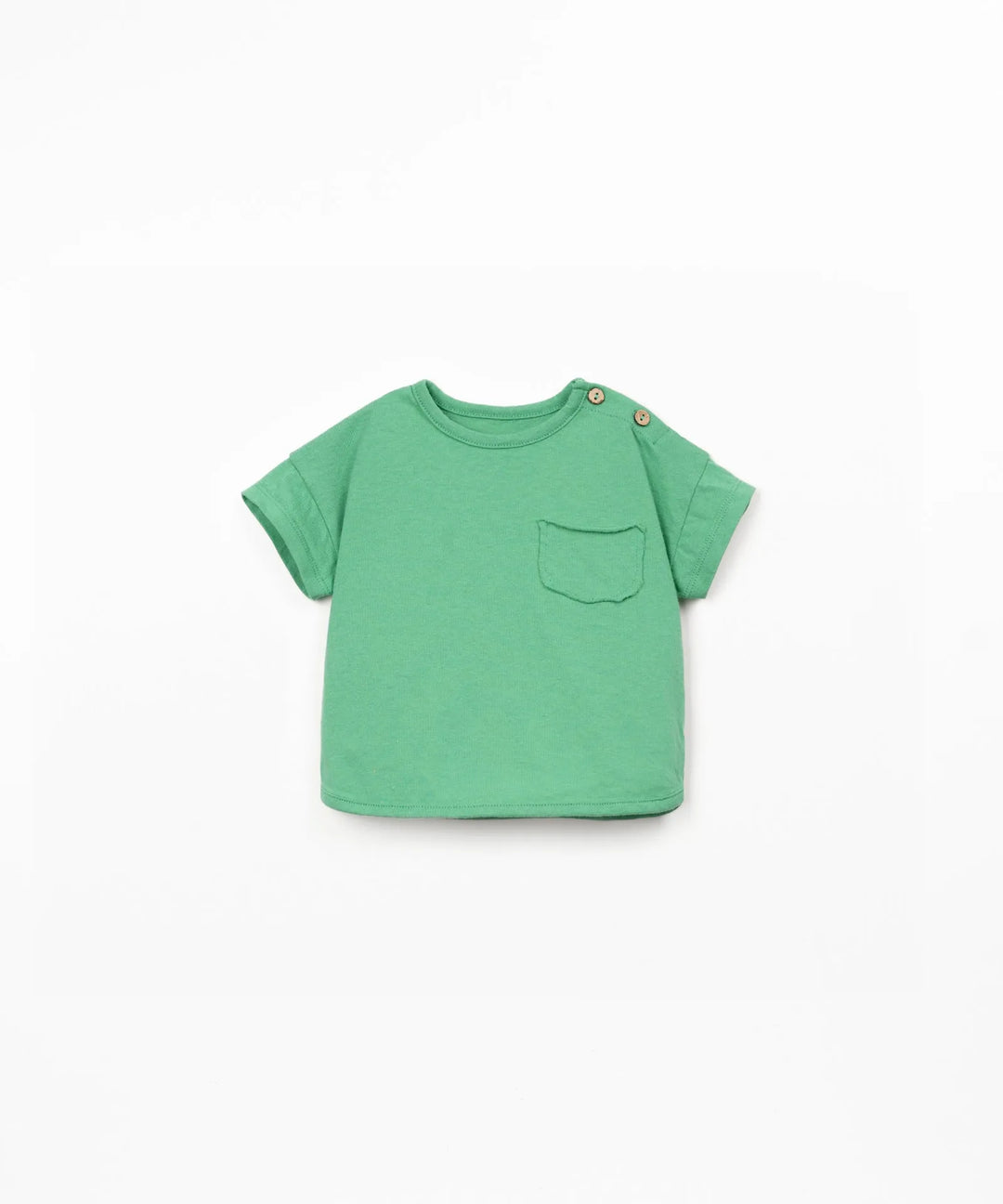 froschgrünes T-Shirt mit kurzem Arm für Babys aus Baumwolle, Rundhalsausschnitt, Knöpfen auf der linken Schulter für leichtes An- und Ausziehen und kleiner Brusttasche auf der linken Seite
