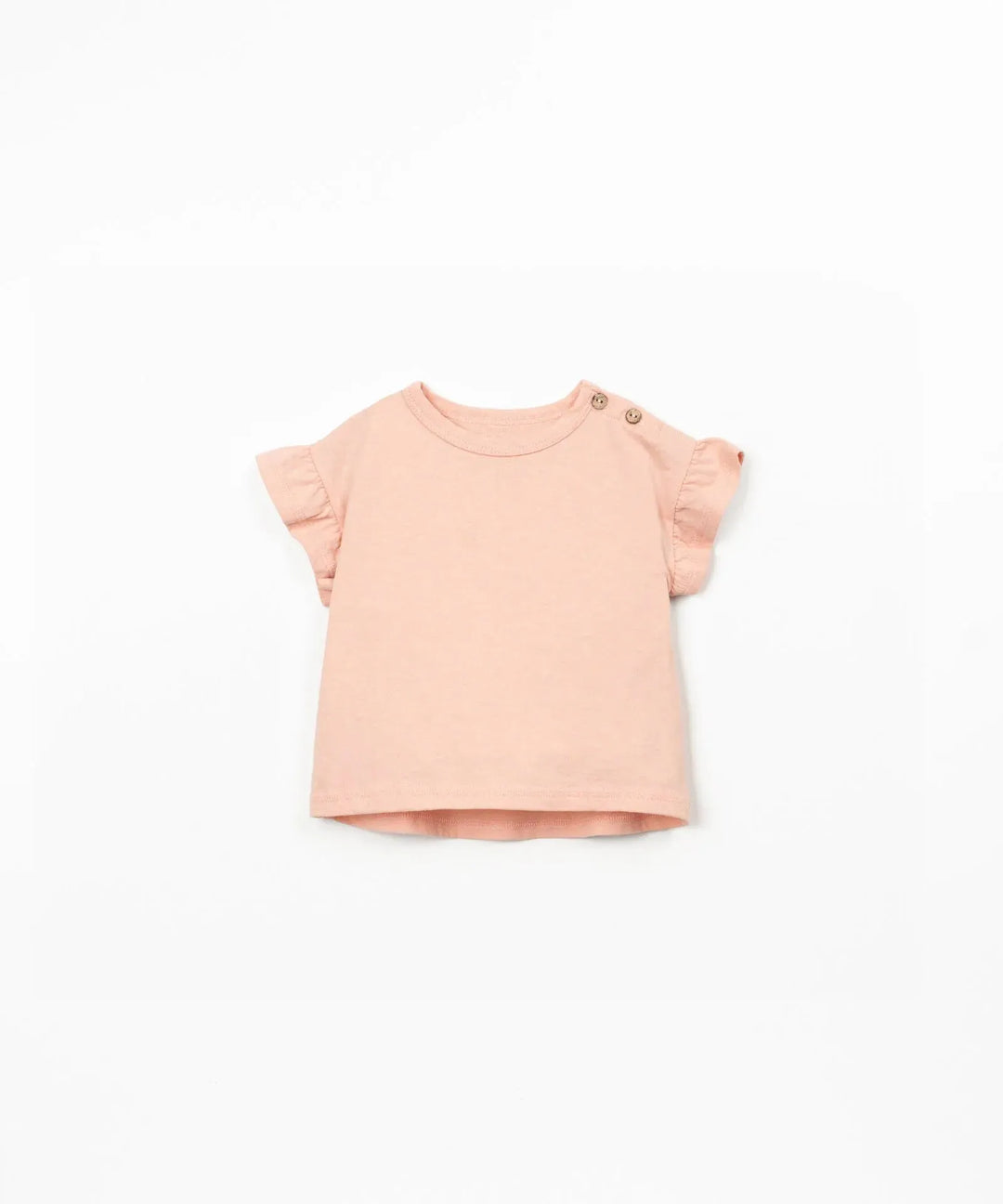 helles korallenfarbenes T-Shirt für Babys und Mädchen mit Flügelärmchen, Rundhalsausschnitt und Knöpfen für leichtes An- und Ausziehen auf der linken Schulter, Ansicht von vorne
