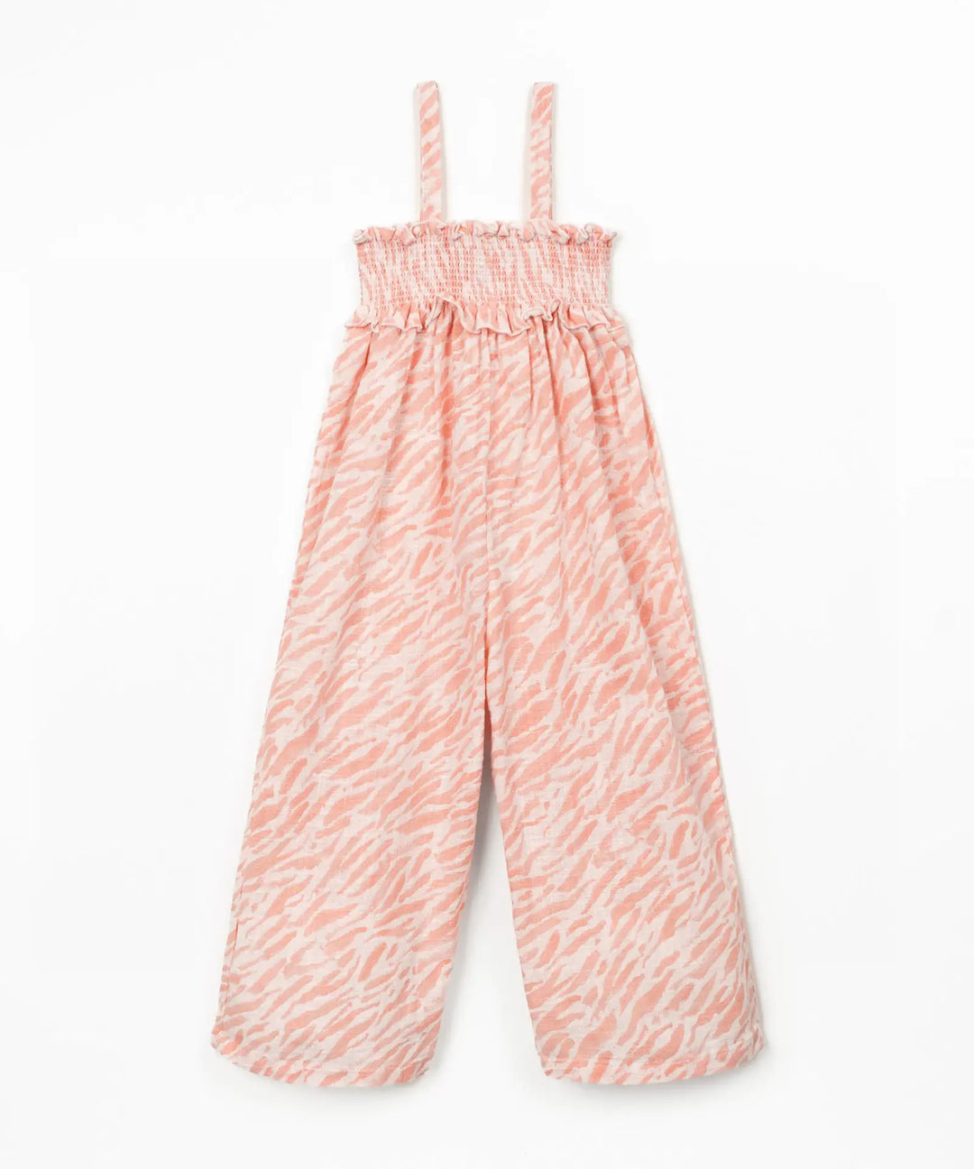 gewebter Jumpsuit für Mädchen aus 100% Bio-Baumwolle mit korallenfarbenem Zebramuster, langem, weitem Bein, Spaghetti-Trägern und breitem, flexiblem Gummibund auf Höhe der Brust, Produktbild, Ansicht von vorne