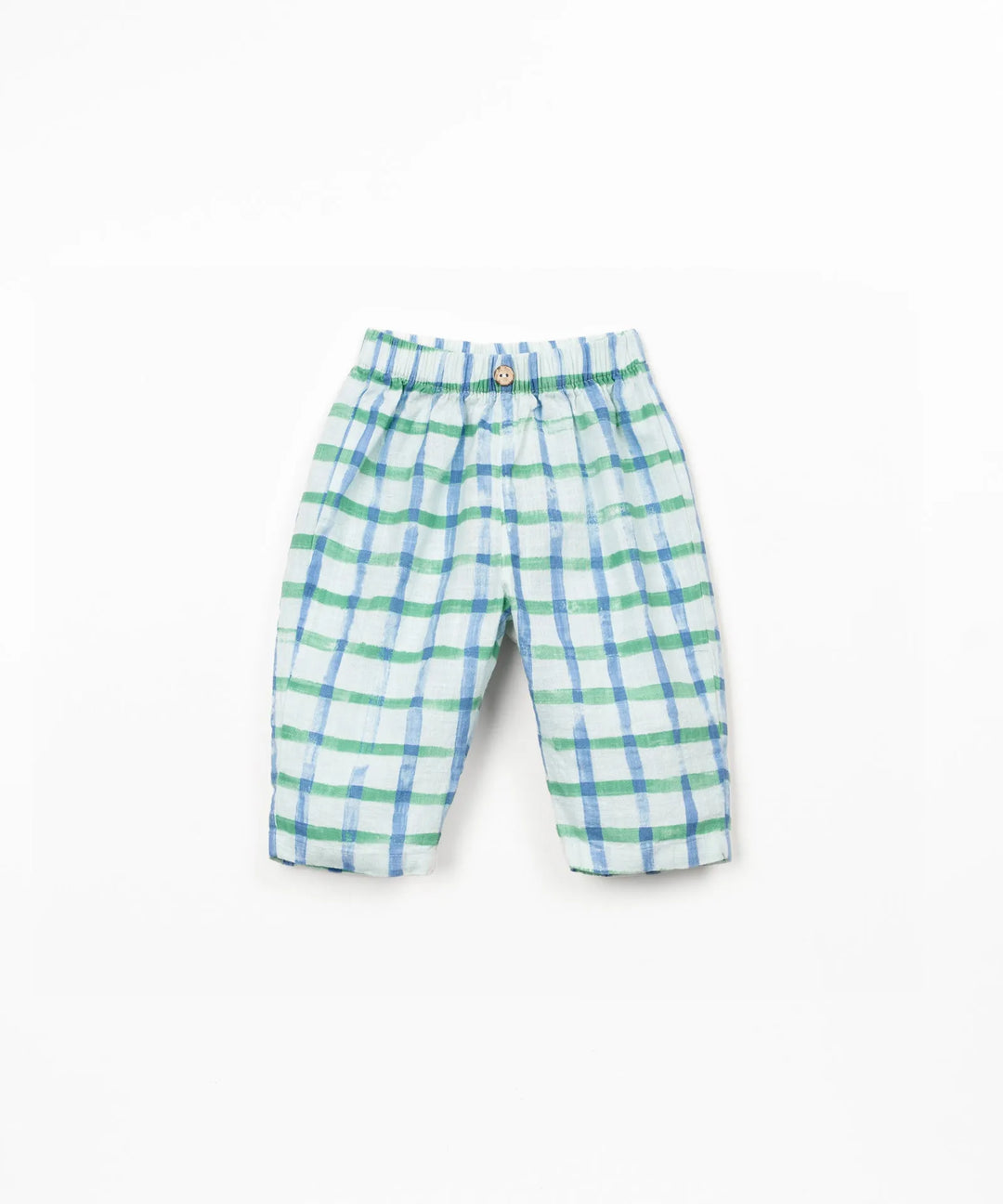 Gewebte Hose in hellem mitgrün mit blau-grün kariertem Print für Babys aus Bio-Baumwolle, mit Gummibund und weitem Bein
