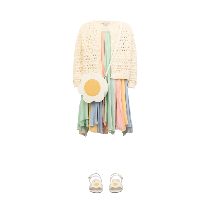 Stella McCartney Chiffon Strappy Dress colourful, Produktbild, Ansicht von vorne, kombiniert mit Strickjacke, Handtasche und Schuhen