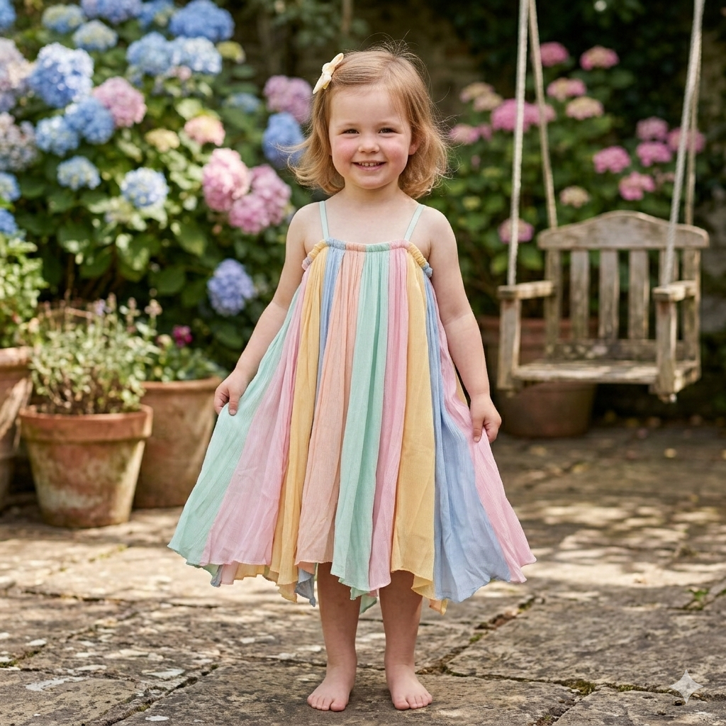 Stella_McCartney_Chiffon_Strappy_Dress_colourful getragen von einem kleinen Mädchen, Ansicht von vorne