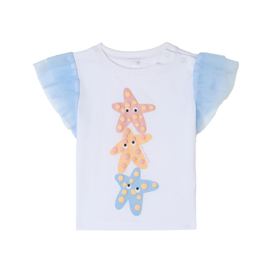 weißes T-Shirt für Baby-Mädchen aus 100% Baumwolle mit blauen Tüllärmeln und drei bunten Seesternen mit Augen auf der Vorderseite, Rundhalsausschnitt, Druckknöpfe auf der linken Schulter