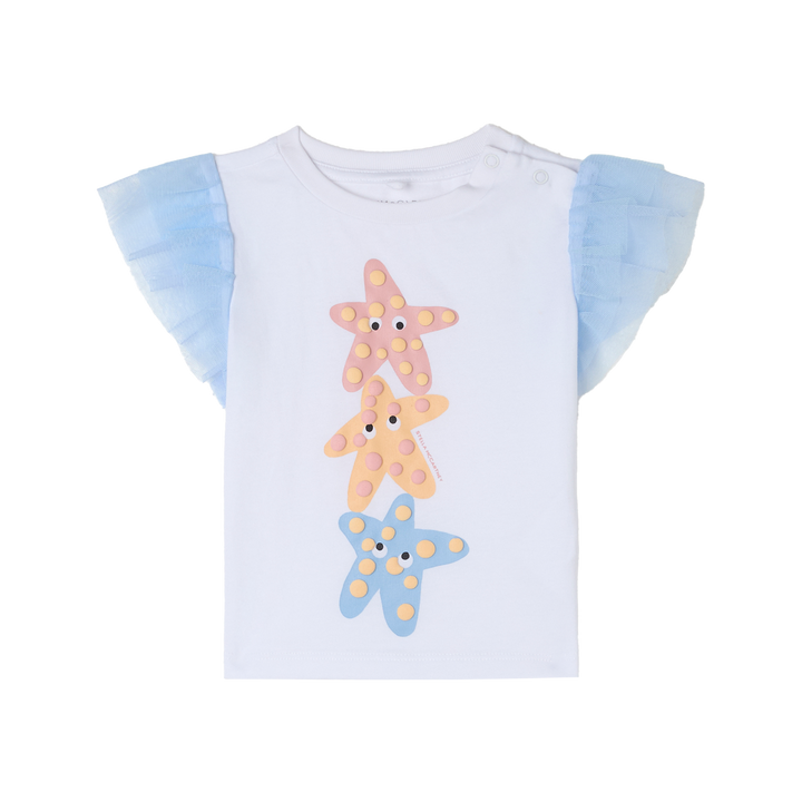 weißes T-Shirt für Baby-Mädchen aus 100% Baumwolle mit blauen Tüllärmeln und drei bunten Seesternen mit Augen auf der Vorderseite, Rundhalsausschnitt, Druckknöpfe auf der linken Schulter