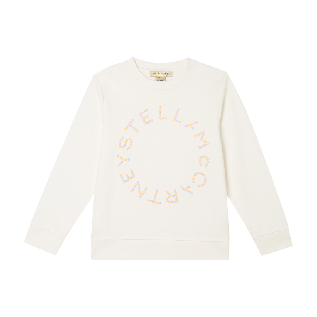 weißes Sweatshirt für Mädchen aus 100% Baumwolle mit kreisförmigem Stella McCartney Logo Print aus kleinen bunten Blumen auf der Vorderseite, Produktbild, Ansicht von vorne