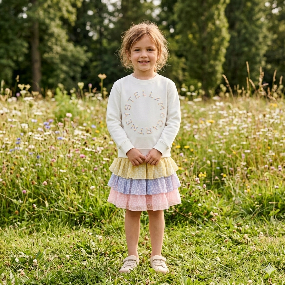 Stella_McCartney_TY4C10_Cotton_Fleece_Sweatshirt_ivory getragen von einem Mädchen vor einer Blumenwiese stehend, Ansicht von vorne