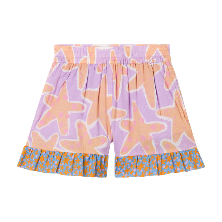 helllilafarbene Shorts für Mädchen aus Baumwollvoile mit gelbem Seesternmuster, Gummibund und blau-gelb gemusterten Volants am Beinabschluss, Produktbild, Ansicht von vorne