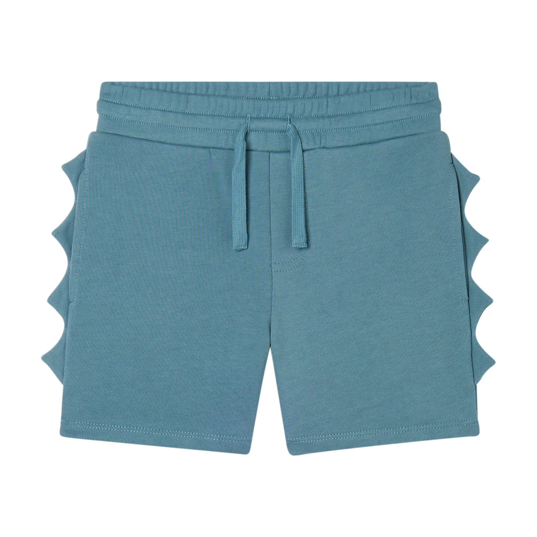 petrolfarbene Shorts für Jungen aus 100% Baumwolle in Jersey-Qualität mit angenähten Haifisch-Zacken an der Seite, verstellbarem Gummibund, Eingriffstaschen und einer Gesäßtasche